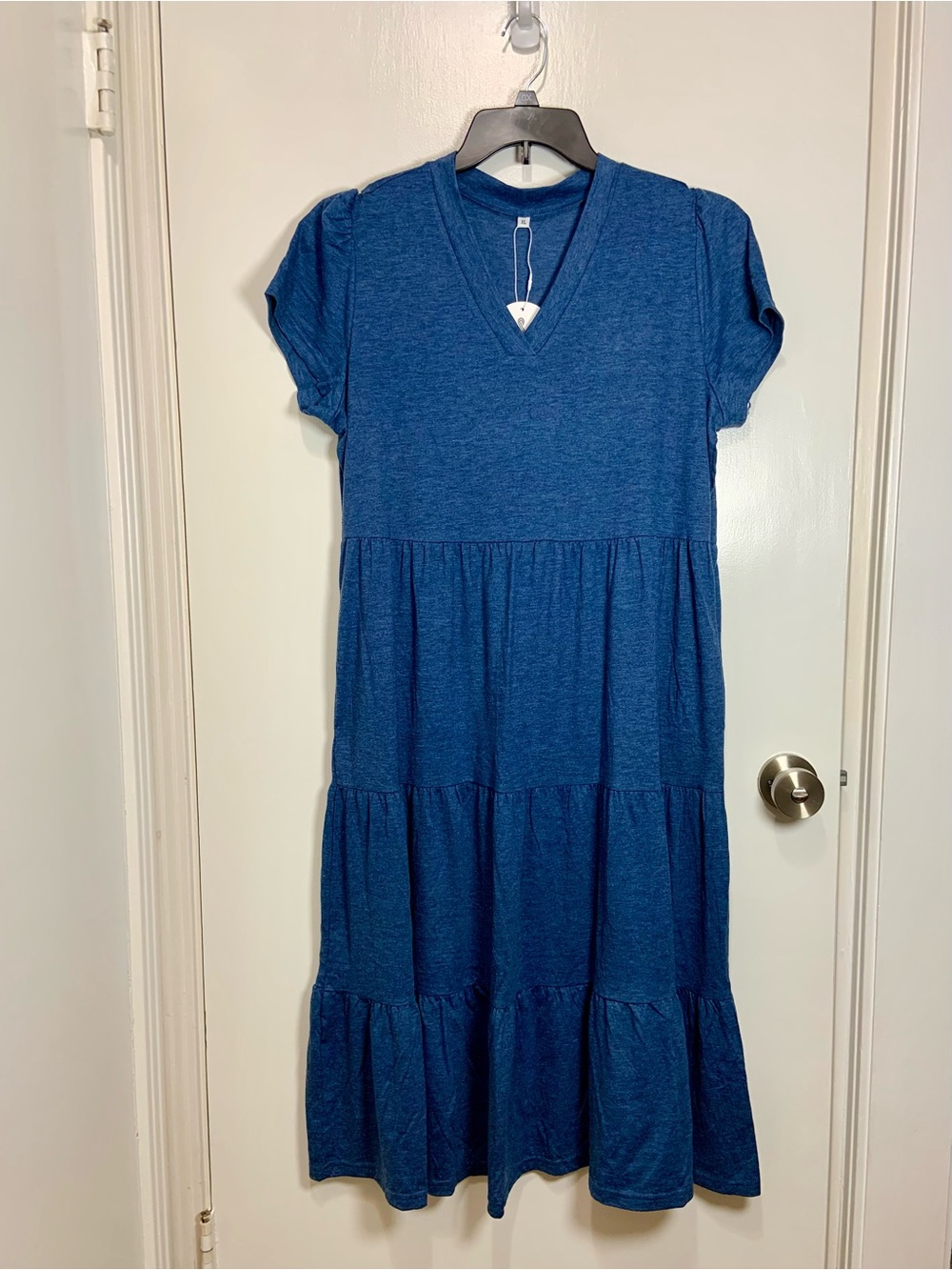 ANRABESS Blue Tiered Midi Dress V-Neck Short Sleeve Heathered Flowy Boho XL NWT